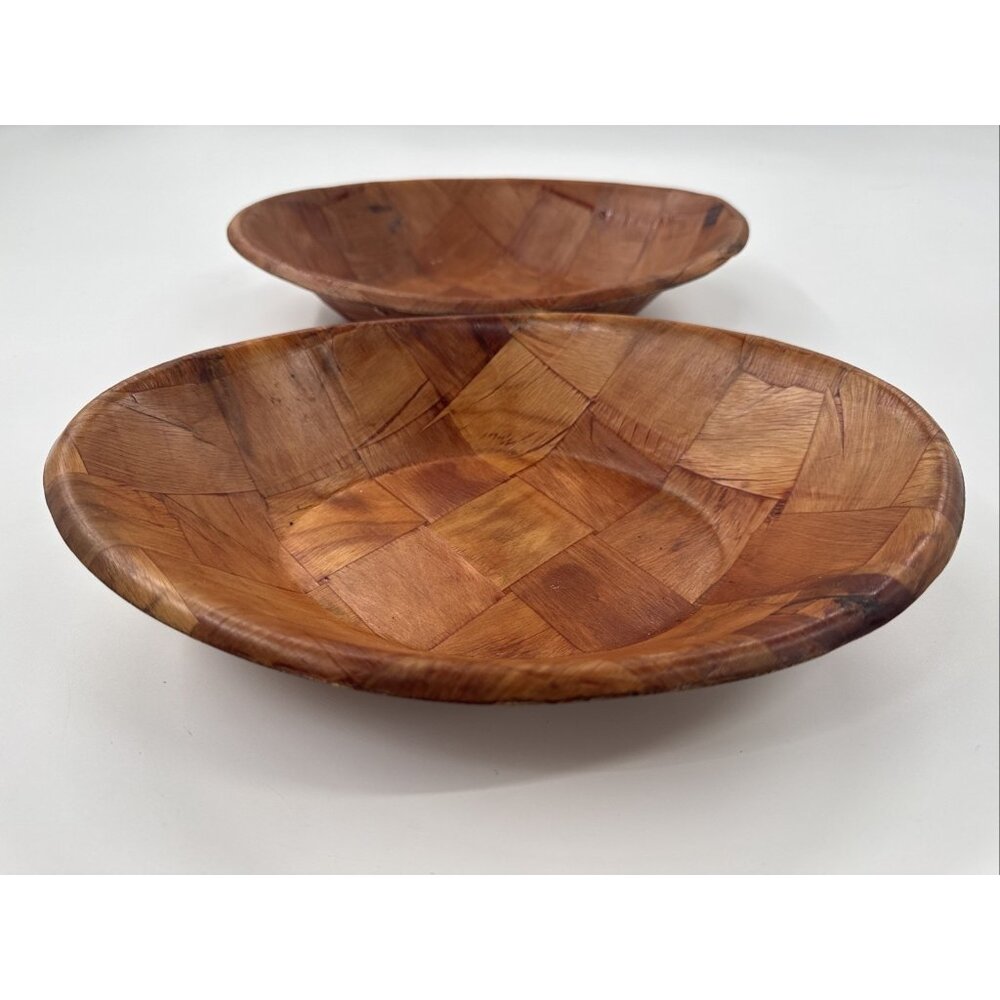 Vintage Parquet Weave Wood Oval Serving Bowls 12" Lot of 2 Woven Mid Century MCM - Picture 2 of 9